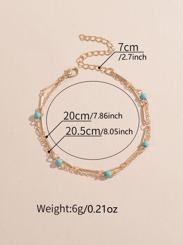 Boho Style Turquoise Texture Beaded Double Layer Anklet for Women & Girls, Fashion Jewelry for Beach Party, Daily Clothing Decor, Trendy All-match & Exquisite Jewelry for Birthday Gift