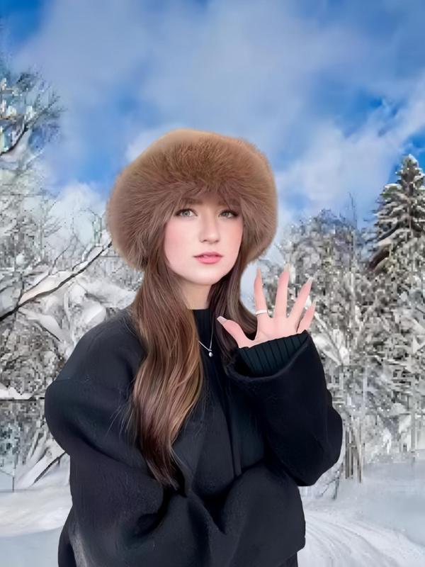 Solid Color Warm & Fashionable Faux Fur Hat, Windproof Ear Protection Buckle Hat for Fall & Winter, Casual Outdoor Cold Resistant Hat for Women & Men