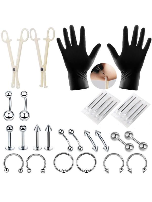 Unisex Punk Style Belly Rings & Studs, 1 Set Stainless Steel Belly Piercing Jewelry & Tools,  Belly Button Rings,  Casual Trendy Body Jewelry for Party & Back To School with Gloves & Needles & Clamps