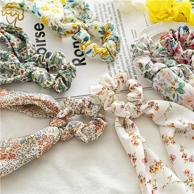 6 Pack Floral Hair Scarf Scrunchies bowknot floral hair ribbons ties Chiffon Scarf Scrunchies Bow Ties Hand Bands Elastic Ropes Long Tails Scrunchy With Bows