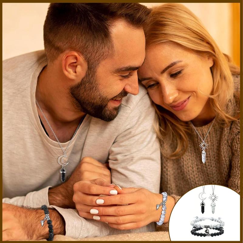 Christmas Valentines Day Anniversary Jewelry Gifts for Him and Her, 4PCS Couple Bracelets for Women Men Distance Matching Relationship 8 mm Stone Beads Couples Friendship Natural Stone Sun Moon Pendant Necklace and Bracelet Jewelry Set for Couples