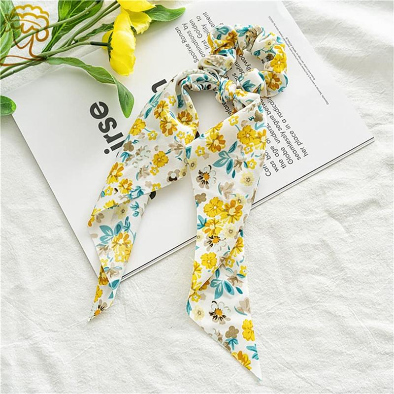 6 Pack Floral Hair Scarf Scrunchies bowknot floral hair ribbons ties Chiffon Scarf Scrunchies Bow Ties Hand Bands Elastic Ropes Long Tails Scrunchy With Bows