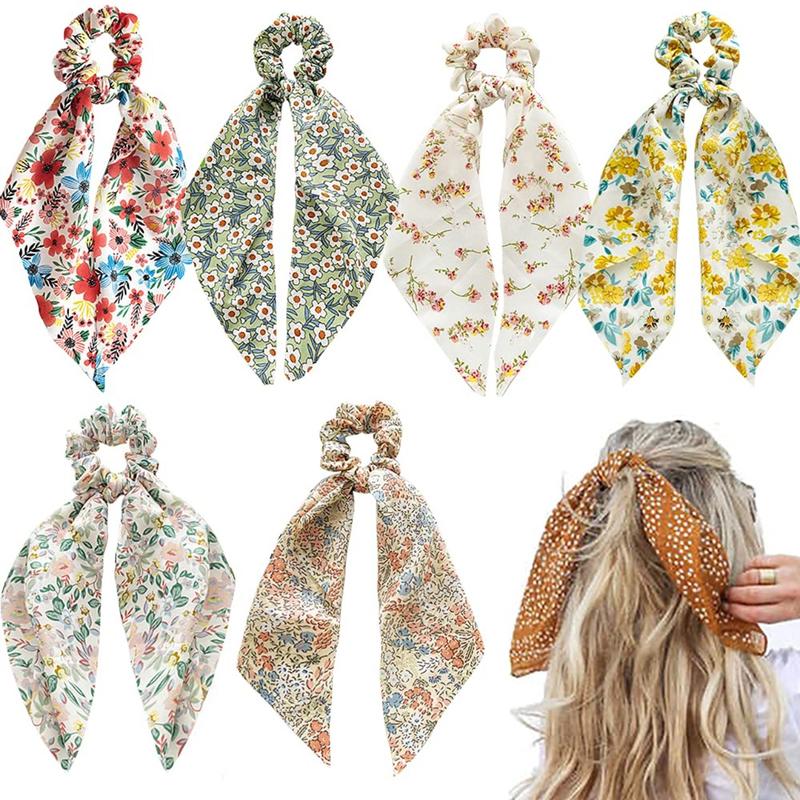 6 Pack Floral Hair Scarf Scrunchies bowknot floral hair ribbons ties Chiffon Scarf Scrunchies Bow Ties Hand Bands Elastic Ropes Long Tails Scrunchy With Bows