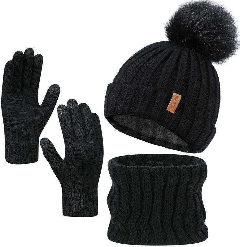 4pcs set Autumn Winter Warm Knit Hat Gloves Scarf Set 1pcs Wool Lined Hat and 2pcs Stretch Split Finger Touch Screen Gloves and 1pcs Solid Color Scarf Set，Hand Washable,Cold Weather Headwear for Women