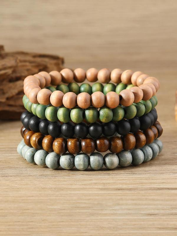 Simple Wooden Beaded Bracelets, 5pcs set Casual All-match Trendy Matching Bracelets, Friendship Bracelets & Couple Bracelets for Daily Wear, Casual Fashion Accessories for Women & Men