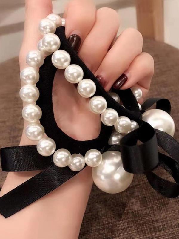 Faux Pearl Decorated Bow Decorated Hair Tie, Simple and Elegant High Stretch Ponytail Holder Hair Accessories for Women