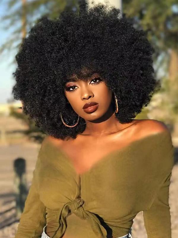 12 Inch Afro Curly Wig for Women, Synthetic Hair Wig for Daily Party, Fashion Designer Fluffy Synthetic Hair Wig for Women, Afro Kinky Curly Hair Wig with Bangs, Looking Natural Short Afro Curly Wig for Men