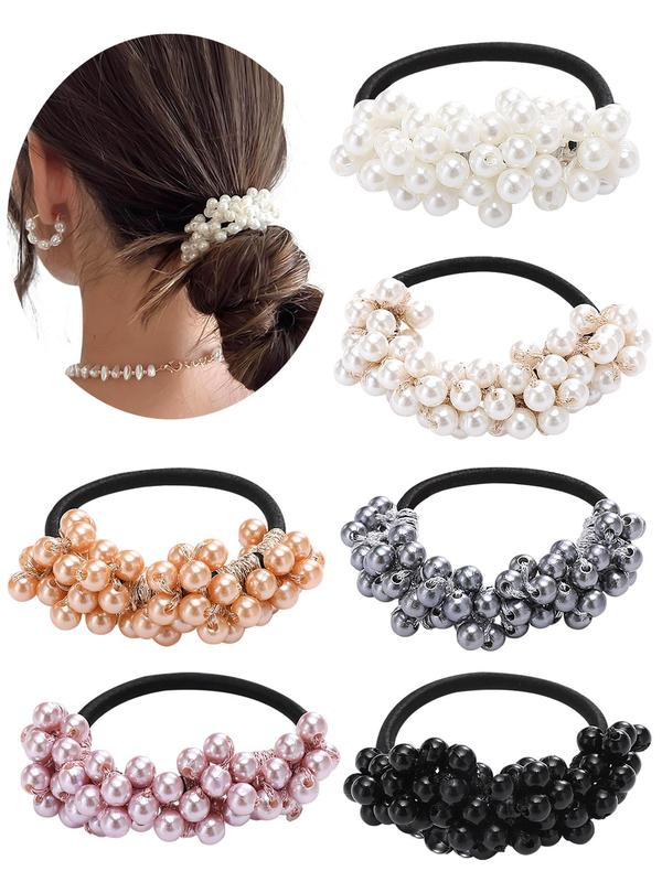 Faux Pearl Decorated Hair Ties, 6 Counts Casual High Stretch Hair Tie for Women for Party, Daily Clothing Decor, Creative Headwear Suitable for Thick Hair