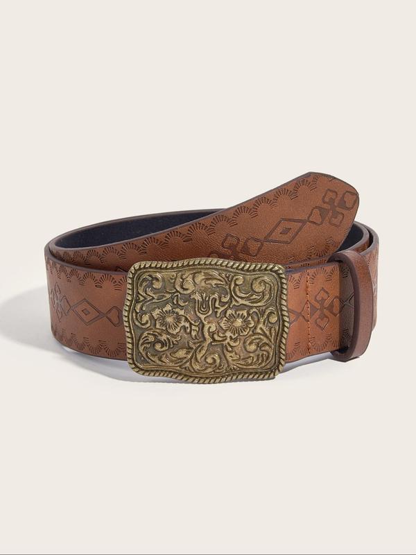 Vintage Ethnic Pattern Embossed Buckle Belt, Adjustable Western Belt for Women, Fashion Accessories for Daily Wear