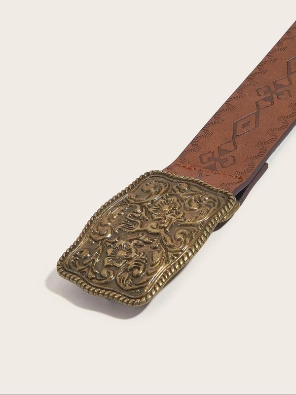 Vintage Ethnic Pattern Embossed Buckle Belt, Adjustable Western Belt for Women, Fashion Accessories for Daily Wear