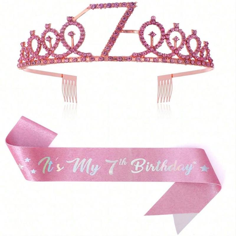 Birthday Crown & Sash Set, 2 Counts set Rhinestone Crown & Letter Print Sash, Birthday Party Favor for Women & Girls, Fashion Accessories for Party, Holiday