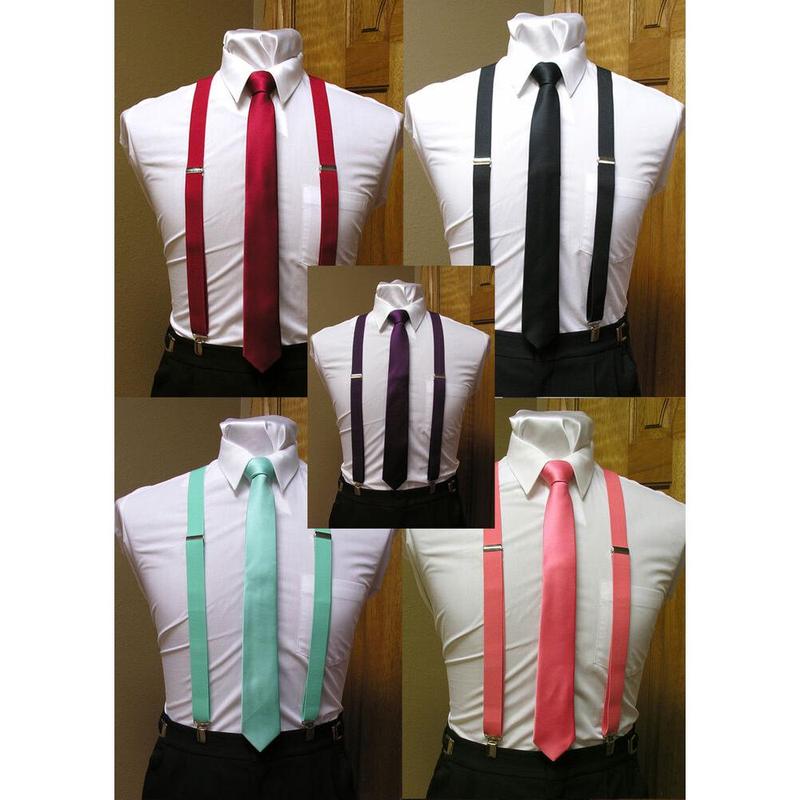 Matching skinny tie and suspenders set men's clip-on x back longer necktie prom