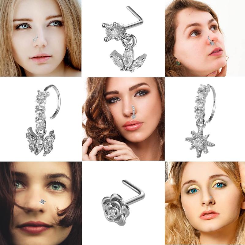 20Pcs 20G Dangle Nose Ring L Shaped Dangling Nose Stud for Women Stainless Steel CZ Flower Dangle Hoops Nose Piercing Jewelry