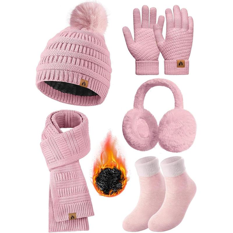 Womens Winter Knit Hat Beanie Scarf Touch Screen Gloves Ear Muffs Socks 5 count Sets Faux Fur Pom Beanie Warmer Cap