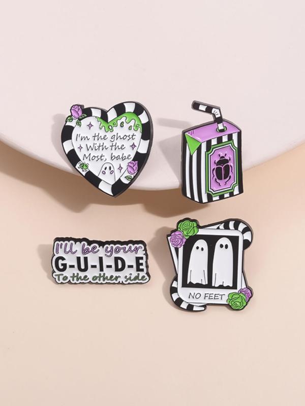 Cute Cartoon Ghost & Letters Print Heart Shaped Pins Brooch, Punk Creative Clothes Brooch, Fashion Brooch for Daily Clothing Decor, Trendy All-match & Exquisite Brooch for Birthday Gift