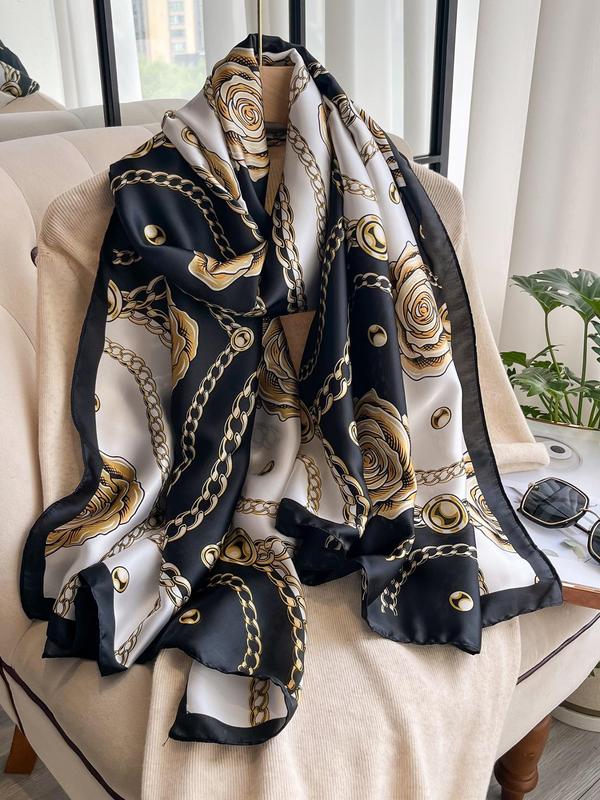 Women's Chain & Floral Print Scarf, Boho Style Soft Comfortable Shawl for All Seasons, Fashion Accessories for Women & Girls