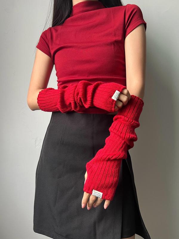 1 Pair Women's Punk Style Arm Sleeves with Letter Label, Casual Fashionable Knitted Gloves for Daily Use, Knit Fingerless Arm Warmers