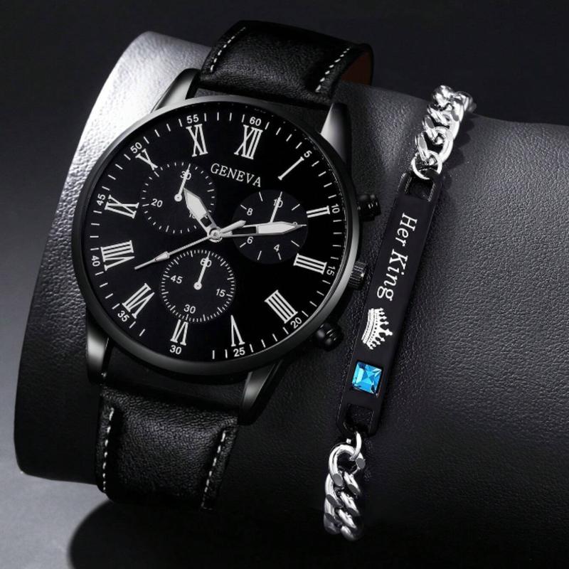 Men's Black Pu Band Casual Quartz Watch And Stainless Steel Bracelet Set - Best Gift For Men