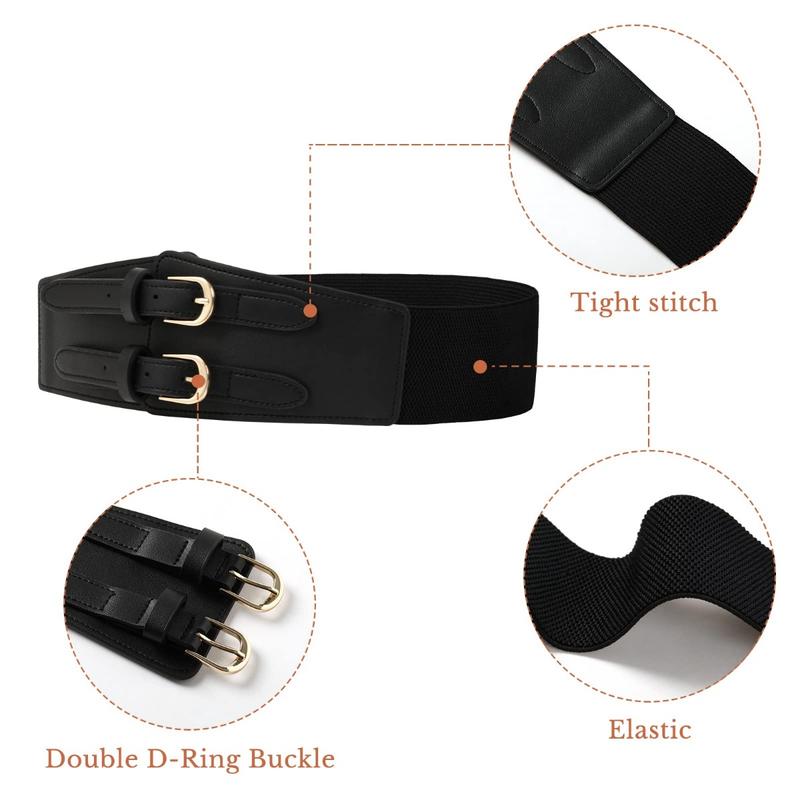 AWAYTR Double Buckle Women's Elastic Belt Ladies Stretchy Wide Belts for Dresses Leather Waist Belts