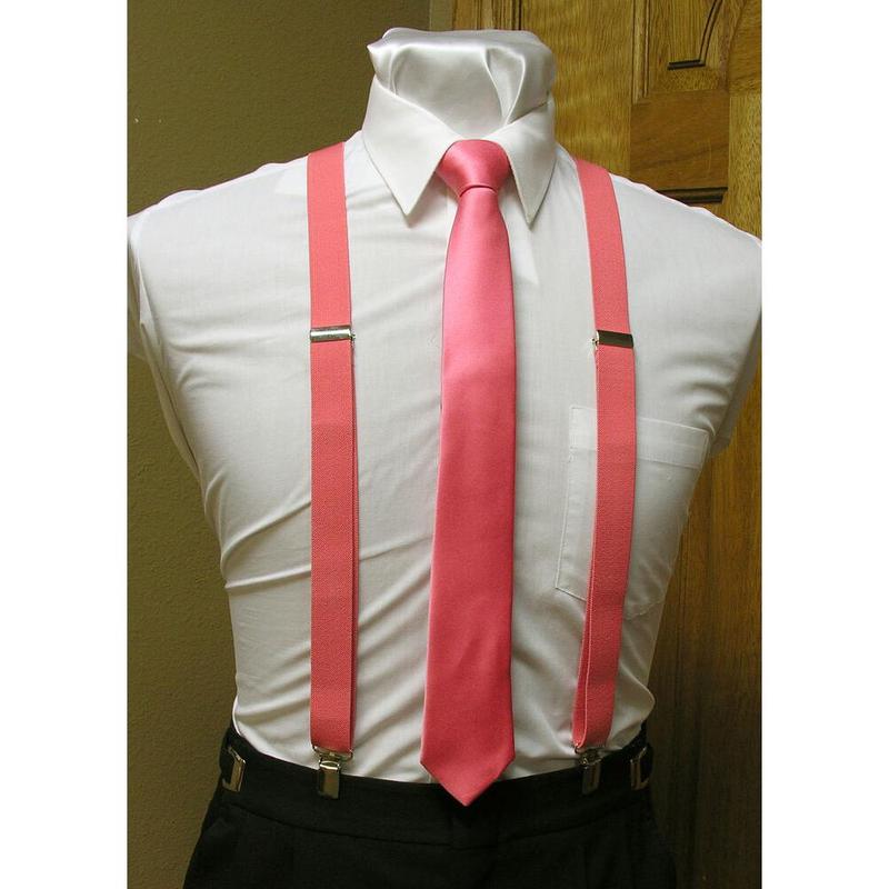 Matching skinny tie and suspenders set men's clip-on x back longer necktie prom