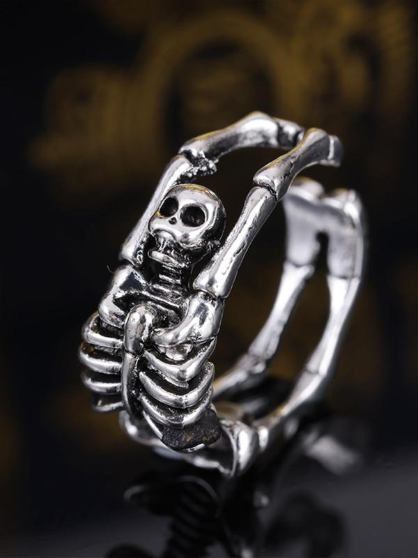 Vintage Punk Skull Design Hollow Out Ring, 2024 Trendy Adjustable Opening Rings Jewelry for Men, Fashion Accessories for Party