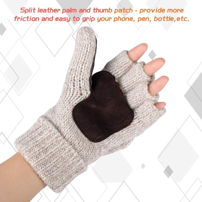 Thermal Insulation Fingerless Texting Gloves for Women and Men Winter Warm Knitted Convertible Mittens Flap