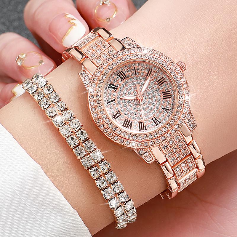 6PCs Set Women's Watch Luxury Diamond Set Quartz Rose Steel Belt Watch Gold Silver Rose Gold Double Row Diamond Bracelet