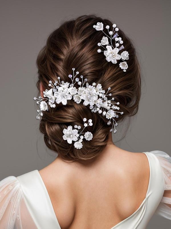 Faux Pearl Decorated Flower Design Hair Comb & Hair Pin, Elegant Bridal Headwear for Wedding Party Formal Occasions, Luxury Headwear Suitable for Bridal Hairstyle