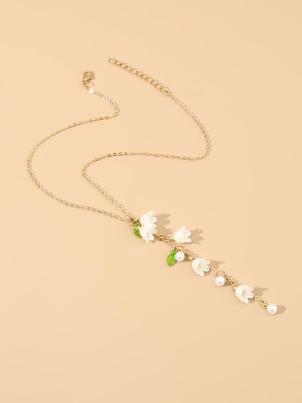 Faux Pearl Decor Flower Charm Pendant Necklace for Women for Gift, Simple Design Temperament All-match Necklace