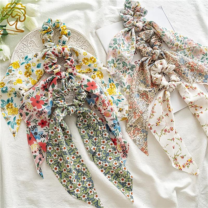 6 Pack Floral Hair Scarf Scrunchies bowknot floral hair ribbons ties Chiffon Scarf Scrunchies Bow Ties Hand Bands Elastic Ropes Long Tails Scrunchy With Bows