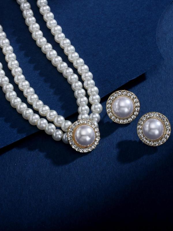 Women's Elegant Faux Pearl Decorated Jewelry Set, Exquisite Trendy Double Layered Rhinestone Pendant Necklace & Earrings, Chic Gorgeous Jewelry Set As Gift for Girlfriend