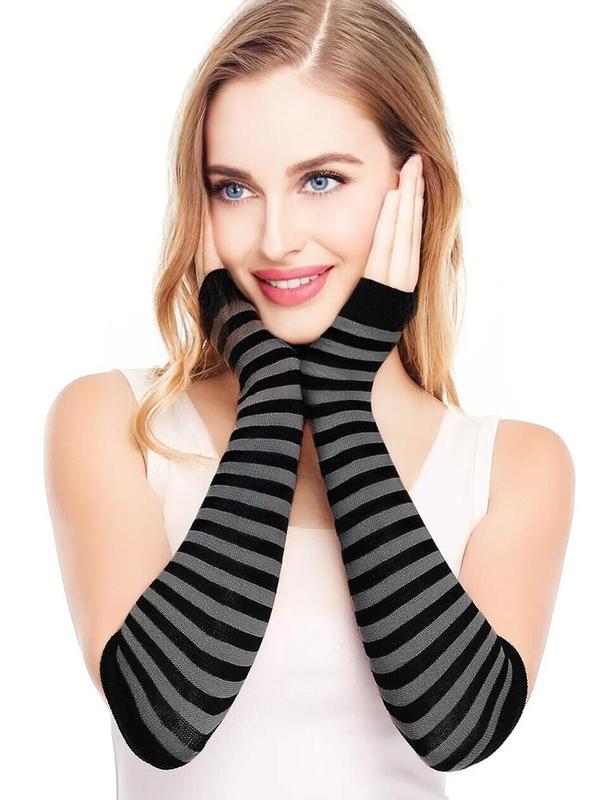 Striped Print Arm Thumbhole Sleeves, Punk Rock Gloves for Women & Men, Long Half-finger Gloves for Party Cosplay, Femboy Sissy Goth Outfit