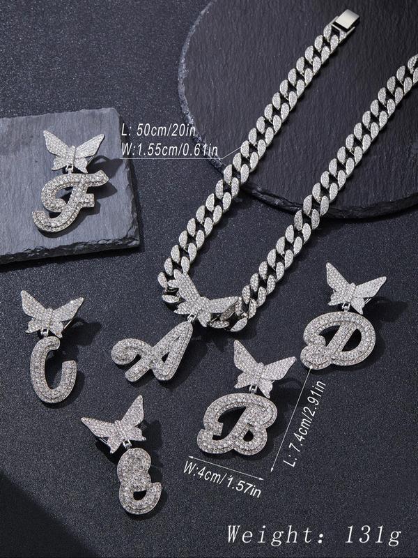 2024 Summer Rhinestone Decorated Initial Necklace for Men & Women, Letter Design Cuban Link Chain, 2024 Trendy Pendant Chunky Chain Necklace, Fashion Alloy Iced Out Jewelry for Party