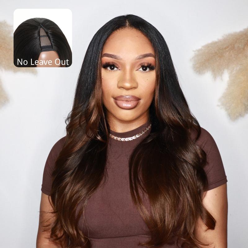 Taylen Same UNice Upgrade EasiContour V Part Wigs Human Hair Ombre Chestnut Brown Yaki Straight Glueless Wigs Human Beginner Friendly