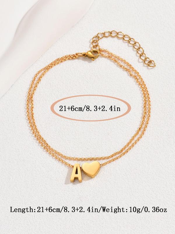 Fashion Double Layer Heart & Initial Letter Charm Ankle, 2024 Casual Foot Matching Ankle Bracelets Jewelry for Beach Vacation, Simple Fashion Accessories for Women