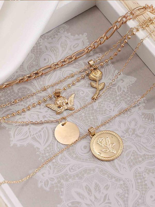 Women's Elegant Layer Necklace, Fashion Flower & Angel Design Pendant Necklace, Casual Jewelry for Party, Daily Clothing Decor, Trendy All-match & Exquisite Jewelry for Gift