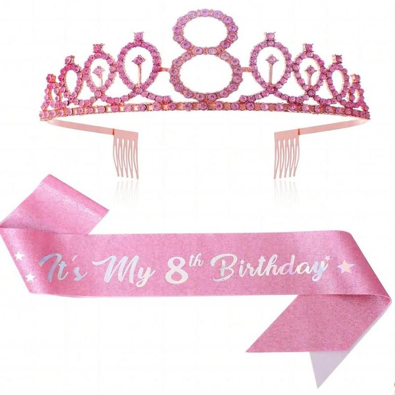 Birthday Crown & Sash Set, 2 Counts set Rhinestone Crown & Letter Print Sash, Birthday Party Favor for Women & Girls, Fashion Accessories for Party, Holiday