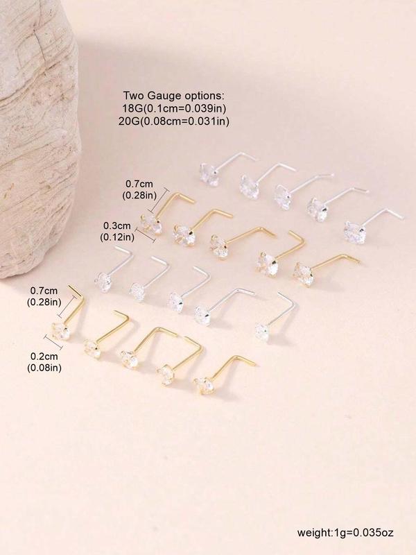 Unisex Punk Style White Cubic Zirconia Nose Studs, 20pcs set L-Shape Nose Rings for Women Men, Simple Nose Piercing Jewelry, Fashion Body Jewelry for Daily & Party Decoration