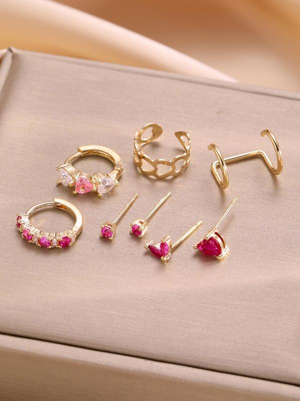 Elegant Rhinestone Decor Earring Set, 8 Counts set Heart Design Ear Cuff & Stud Earrings & Hoop Earrings, Daily Decor, Trendy All-match & Exquisite Jewelry for Birthday Gift