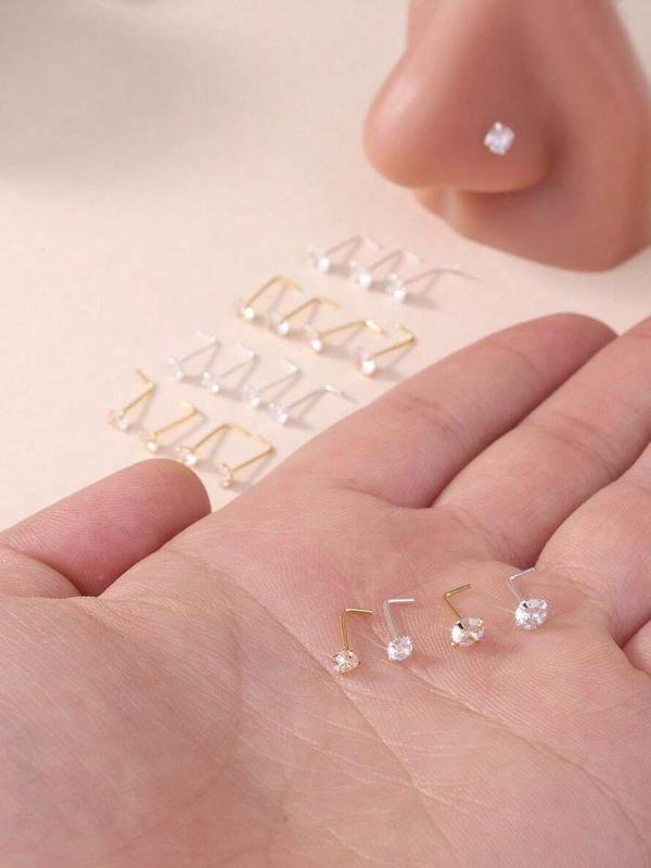 Unisex Punk Style White Cubic Zirconia Nose Studs, 20pcs set L-Shape Nose Rings for Women Men, Simple Nose Piercing Jewelry, Fashion Body Jewelry for Daily & Party Decoration