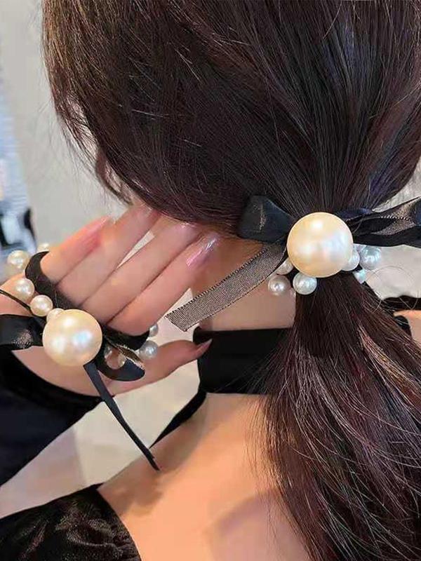 Faux Pearl Decorated Bow Decorated Hair Tie, Simple and Elegant High Stretch Ponytail Holder Hair Accessories for Women