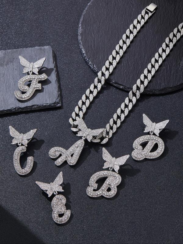 2024 Summer Rhinestone Decorated Initial Necklace for Men & Women, Letter Design Cuban Link Chain, 2024 Trendy Pendant Chunky Chain Necklace, Fashion Alloy Iced Out Jewelry for Party