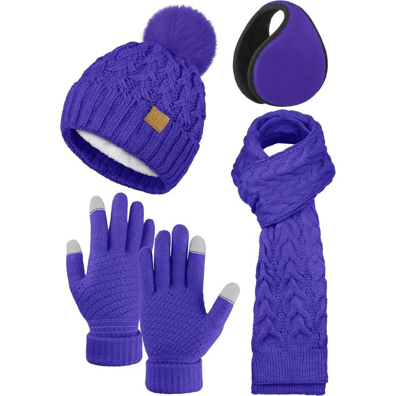 4 Packs Winter Warm Set Knitted Pompom Hat Scarf Touch Screen Gloves Ear Warmer 4 In 1 Set for Men or Women