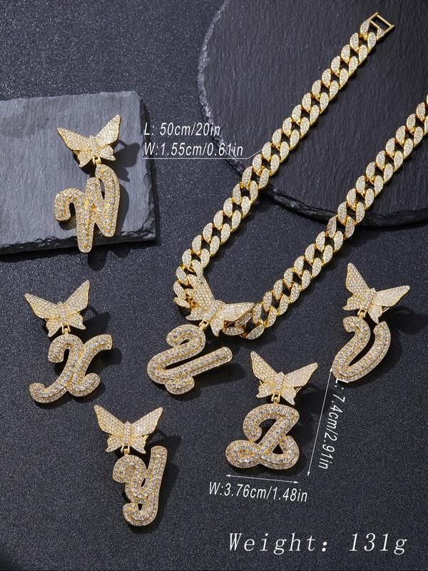 2024 Summer Rhinestone Decorated Initial Necklace for Men & Women, Letter Design Cuban Link Chain, 2024 Trendy Pendant Chunky Chain Necklace, Fashion Alloy Iced Out Jewelry for Party