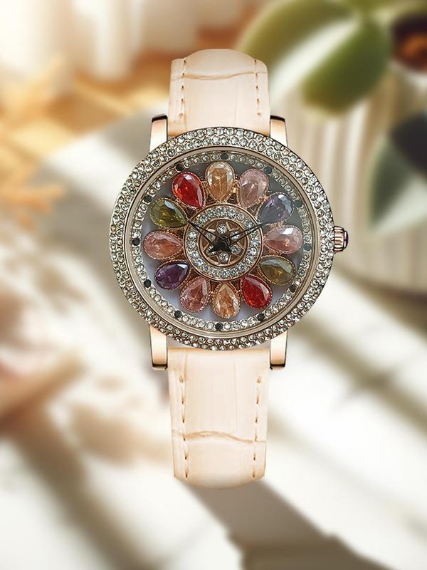 Women's Elegant Rhinestone Decorated Quartz Watch, Fashionable Round Dial Watch for Women & Girls, Trendy All-match & Exquisite Watch for Birthday Gift with Box