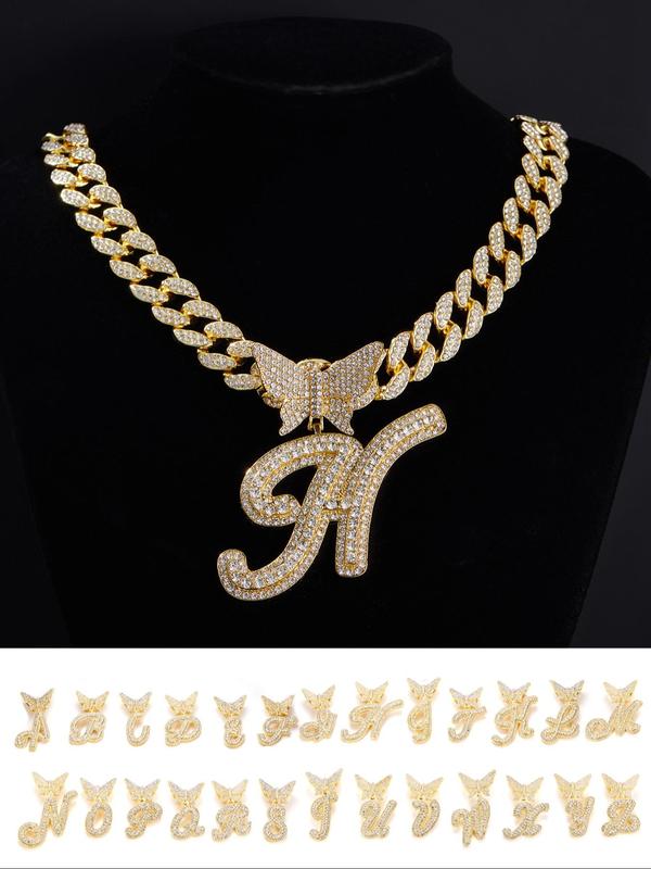 2024 Summer Rhinestone Decorated Initial Necklace for Men & Women, Letter Design Cuban Link Chain, 2024 Trendy Pendant Chunky Chain Necklace, Fashion Alloy Iced Out Jewelry for Party