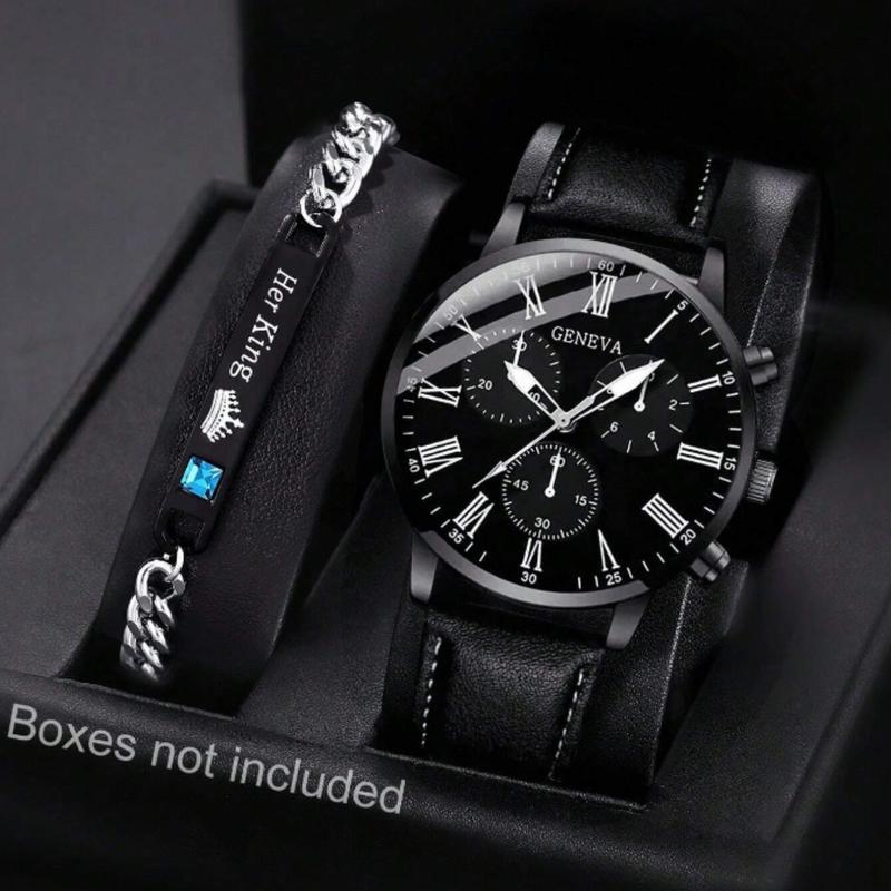 Men's Black Pu Band Casual Quartz Watch And Stainless Steel Bracelet Set - Best Gift For Men