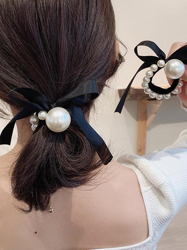 Faux Pearl Decorated Bow Decorated Hair Tie, Simple and Elegant High Stretch Ponytail Holder Hair Accessories for Women