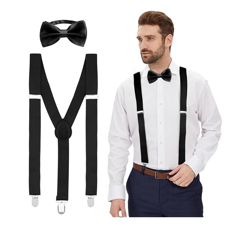 Suspenders and Bow Tie Set, Y Shape Suspenders With Clips Adjustable Buckle, Suspenders Women Men