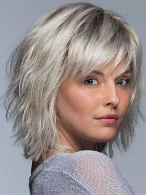 30cm 13.77in Layered Wave Light Silver Gray Hair Root Black Gray Synthetic Wig for Women, Natural Daily Wig, Synthetic Full Machine Wigs for Party, Daily Use,  Fall Hair Trends 2024